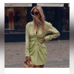Zara Long Sleeve Ruched Green Dress